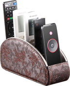 Leather Remote Control Holder,Universal TV Remote Organizer with 5 Compartments,Desktop or Bedside Table Organizer for DVD,Blu-Ray,Gaming and Streaming Remotes,Glasses and Accessories(Antique)