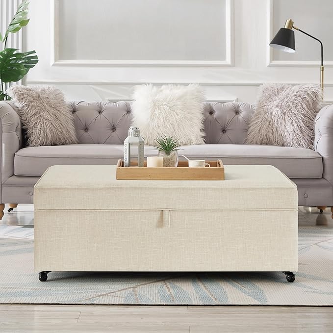 Ball & Cast 45" Sofa Ottoman with Storage, Linen Upholstered Bench with Rotation Casters and Safety Hinge for Living Room, Multi-Function Coffee Table,Oatmeal