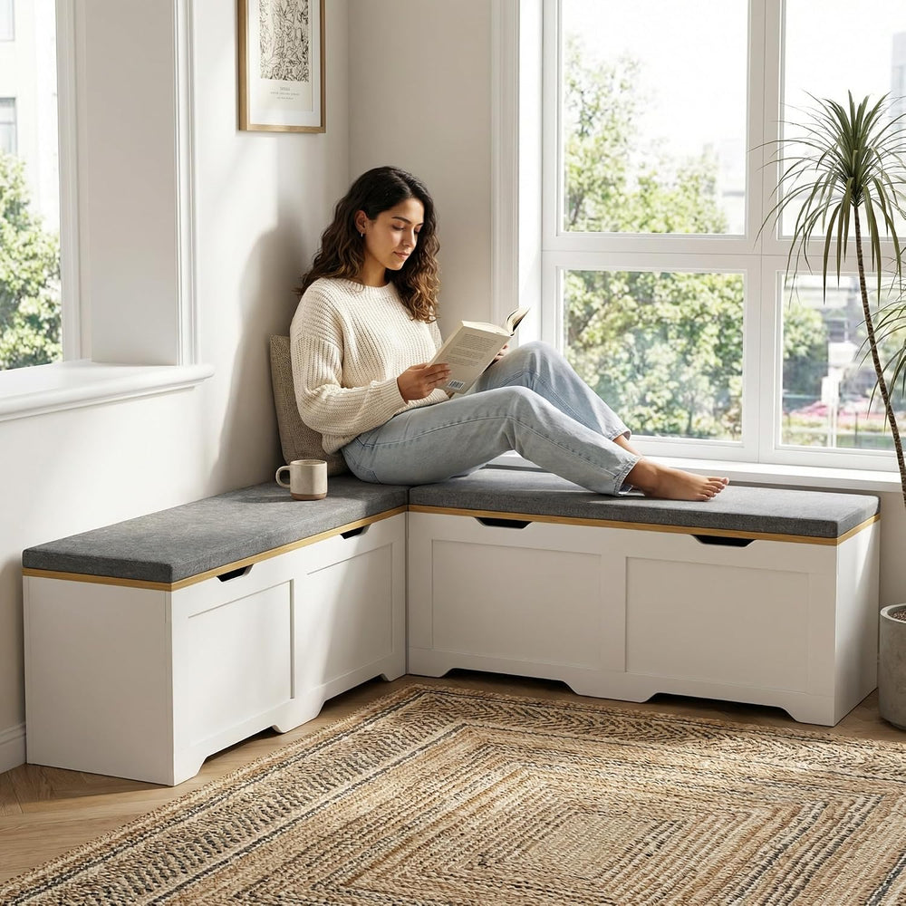 L-Shape Storage Bench with Cushion, 3-Pcs Large Capacity Entryway Chest Corne...