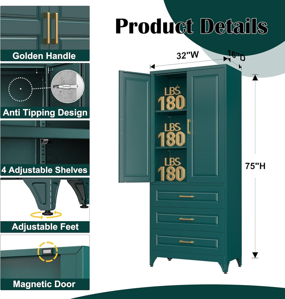 SteeLoong 75" Kitchen Pantry Cabinet with 3 Drawer,Metal Storage Cabinet...