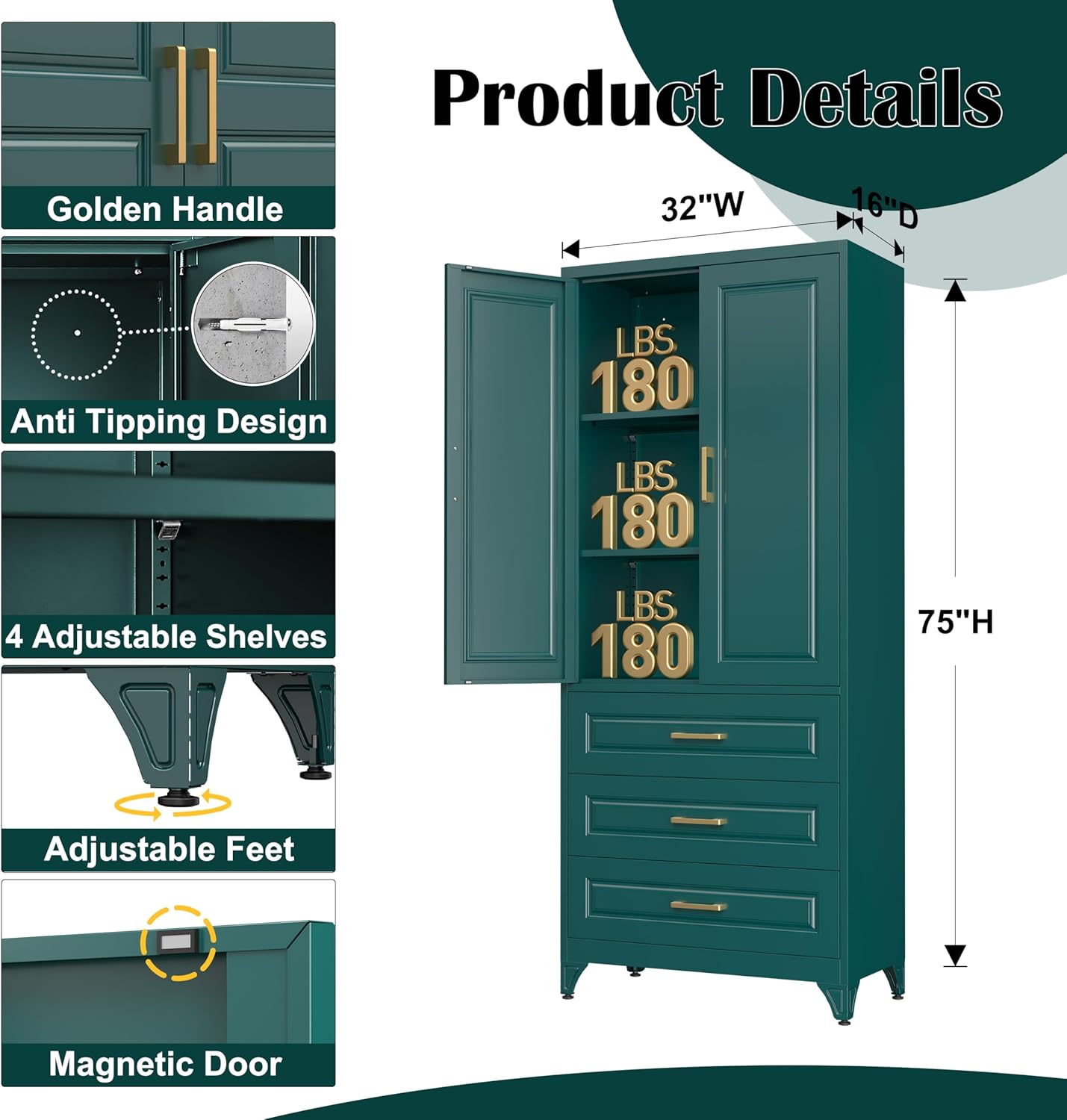 SteeLoong 75" Kitchen Pantry Cabinet with 3 Drawer,Metal Storage Cabinets with Doors and 2 Adjustable Shelves,Green Kitchen Cabinet with 2 Gold Handles,Food Cupboard for Livingroom,Pantry, Bathroom