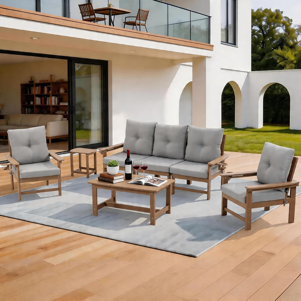 7-Piece HDPE Patio Conversation Set w/ 4 Cup Holders, All-Weather Outdoor Sec...