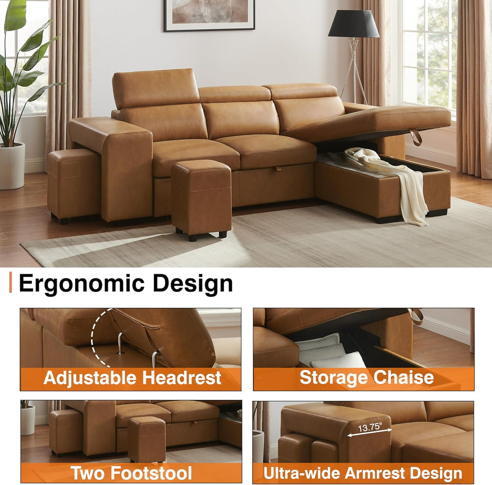 THSUPER 102'' Leather L Shaped Sectional Sleeper Sofa with Pull Out B...