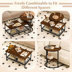 GOFLAME Nesting Coffee Table Set of 2, 2 PCS Nesting Tables with Wood Top and Extra Storage Shelf, Modern Round End Table & Rectangular Coffee Tables for Living Room, Bedroom, Rustic Brown+Black