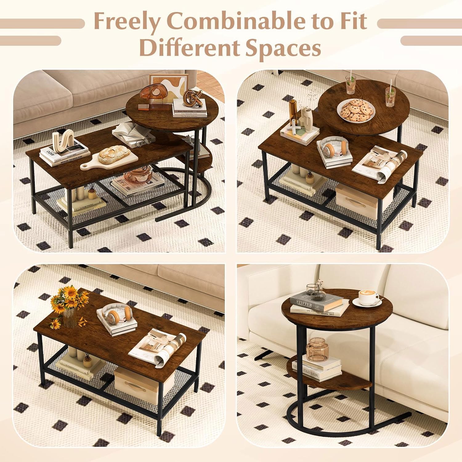 GOFLAME Nesting Coffee Table Set of 2, 2 PCS Nesting Tables with Wood Top and Extra Storage Shelf, Modern Round End Table & Rectangular Coffee Tables for Living Room, Bedroom, Rustic Brown+Black