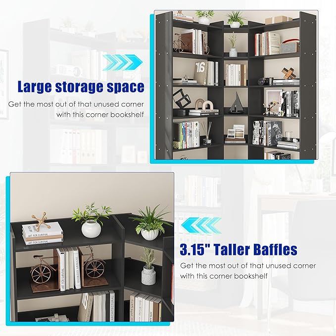 70.8" Tall Corner Bookshelf and Bookcases, 7 Tiers Morden Large Etagere Bookcases Storage Display Rack with Baffle, Industrial L-Shaped Bookshelves for Bedroom, Home Office, Living Room, Black
