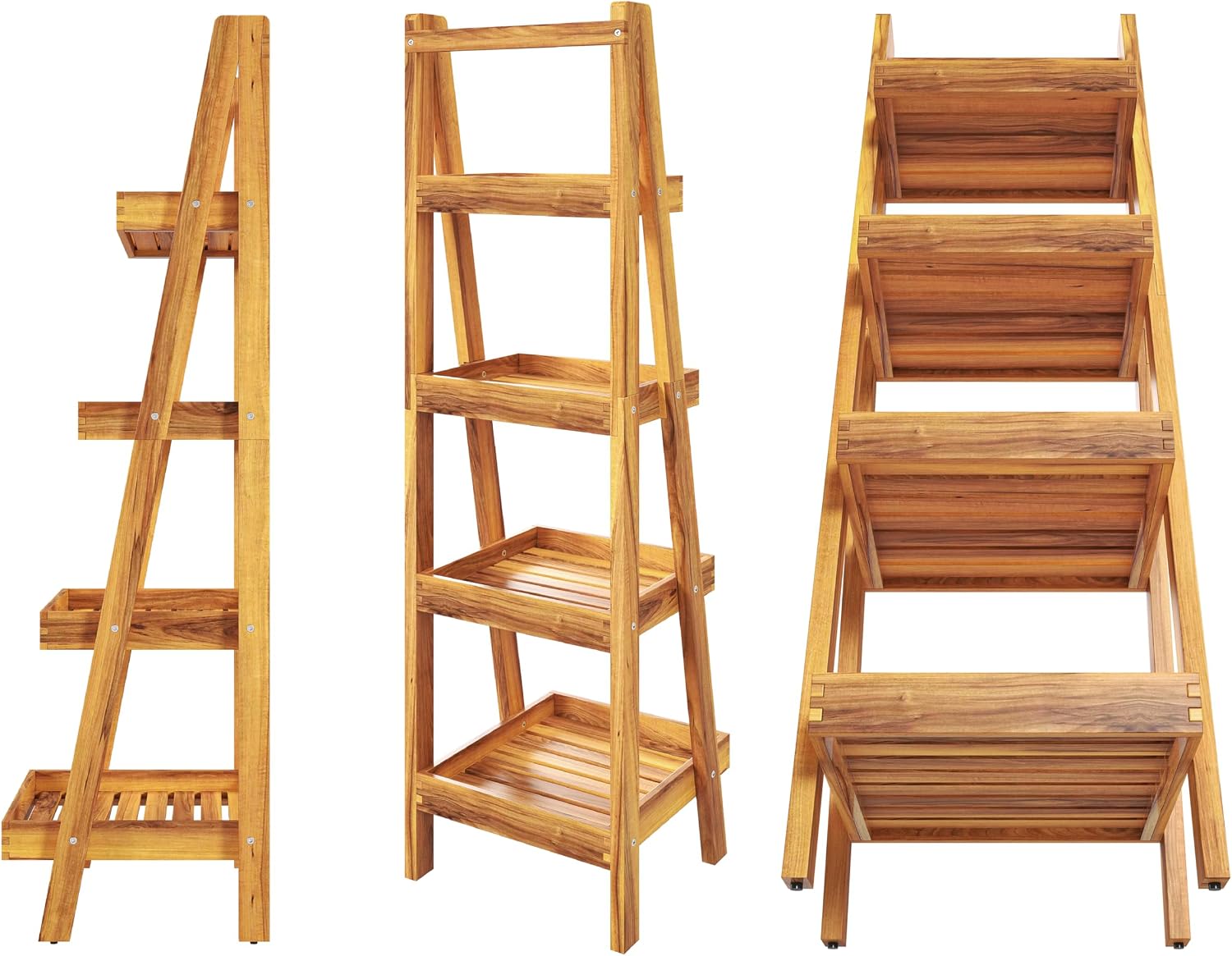 4-Tier Acacia Wood Display Ladder Shelf, Rustic Storage Stand for Fruits, Beverages, Snacks