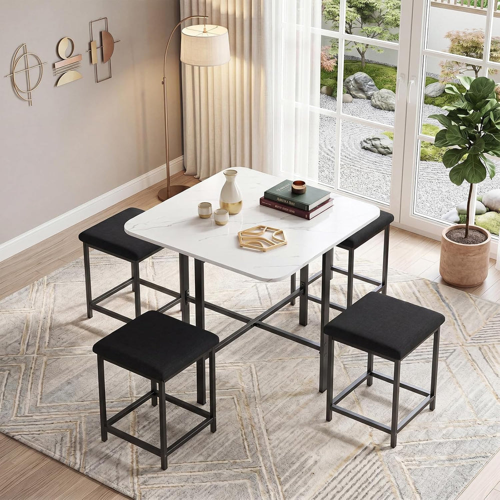 GIANTEX Dining Table Set for 4 with Upholstered Stools (White & Black) | ...