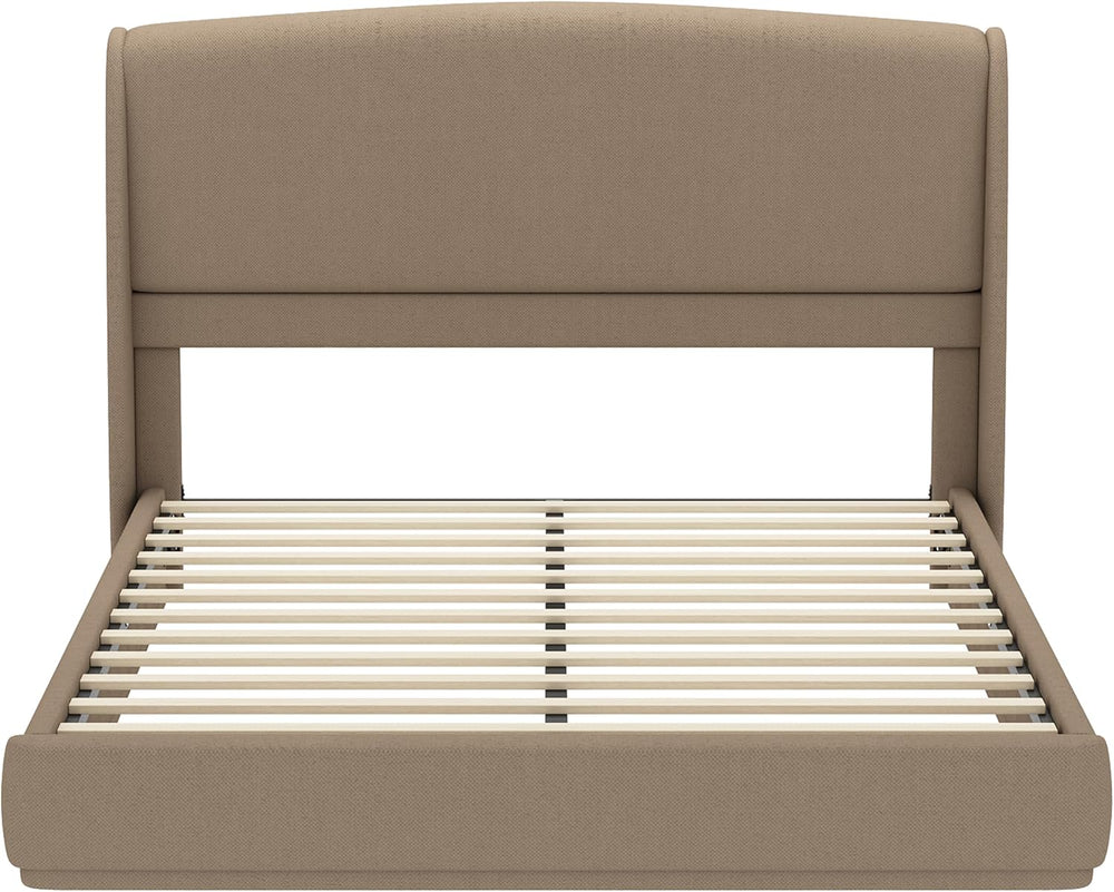 Queen Size Wooden Platform Bed, Upholstered Low Profile Linen Fabric Bed Fram...