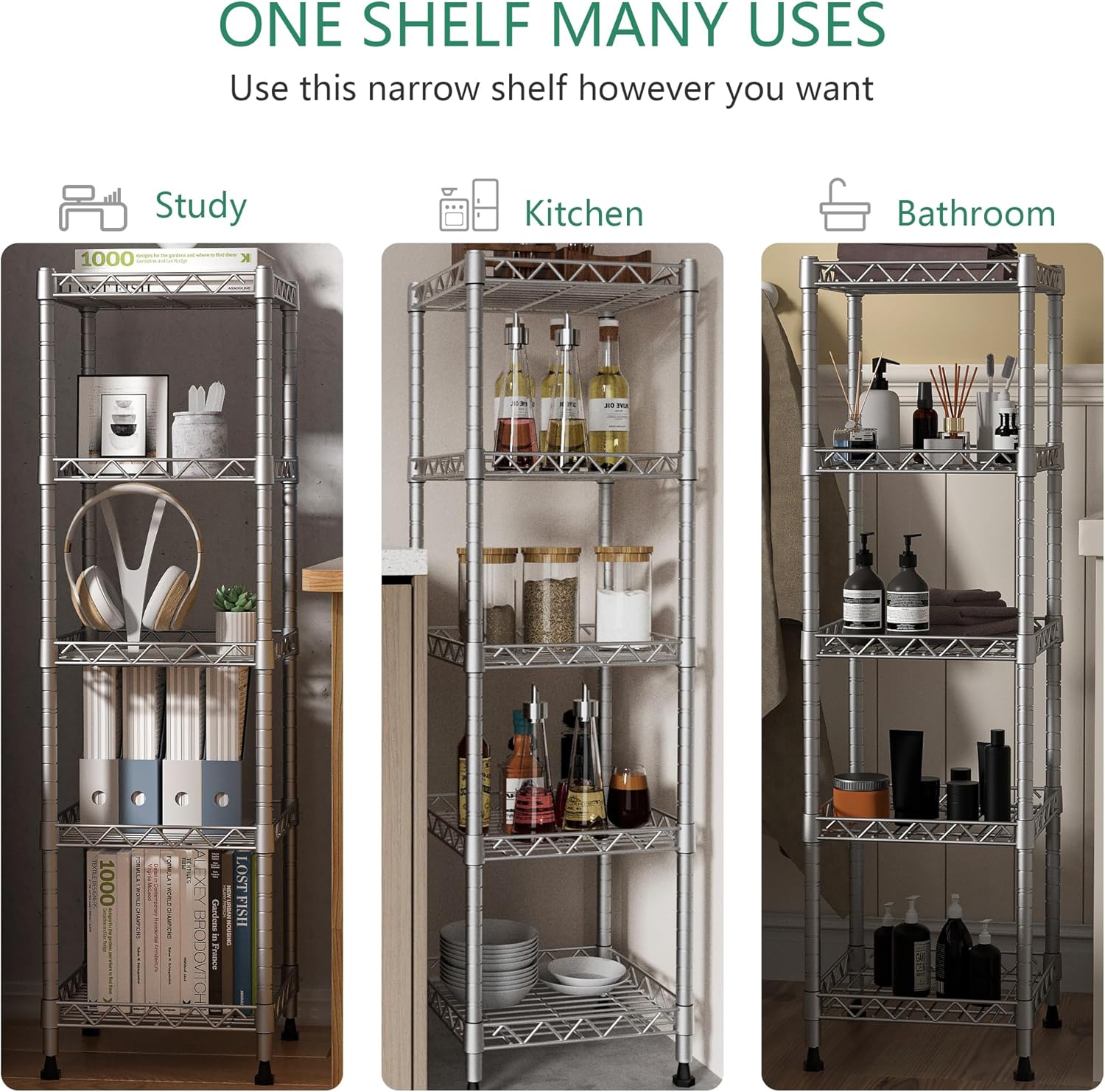 GIOTORENT 5 Tier Standing Shelving Metal Units, Adjustable Height Wire Shelf Display Rack for Laundry Bathroom Kitchen 11.8 W x 11.8 D x 50 H (5-Tier, Grey, Matte/Glossy Finish)