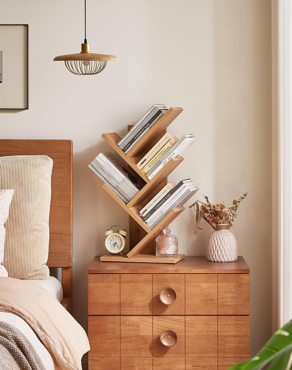 YMYNY 4 Tier Tree Bookshelf, Small Bookcase, Modern Wood Book Storage Rack, Freestanding Book Shelf for Books/Movies/CDs, Narrow Display Rack for Living Room, Home Office, Light Oak UHBC014K