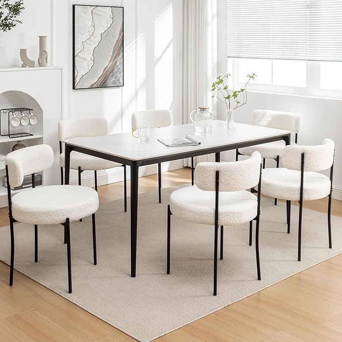 Boucle Dining Chairs Set of 6, Mid Century Modern Dining Room Chairs with Metal Legs, Upholstered Kitchen Chairs for Dining Room, Kitchen (White)