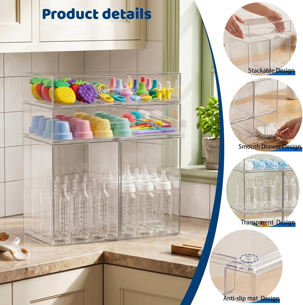 Baby Bottle Organizer Stackable, 4 Pack Clear Stackable Storage Drawers with 3 Stickers & 1 Pen, for Stationery, Cosmetics, Bathroom, Vanity, Countertop & Cabinet ((7.7’’ and 3.4’’Tall)