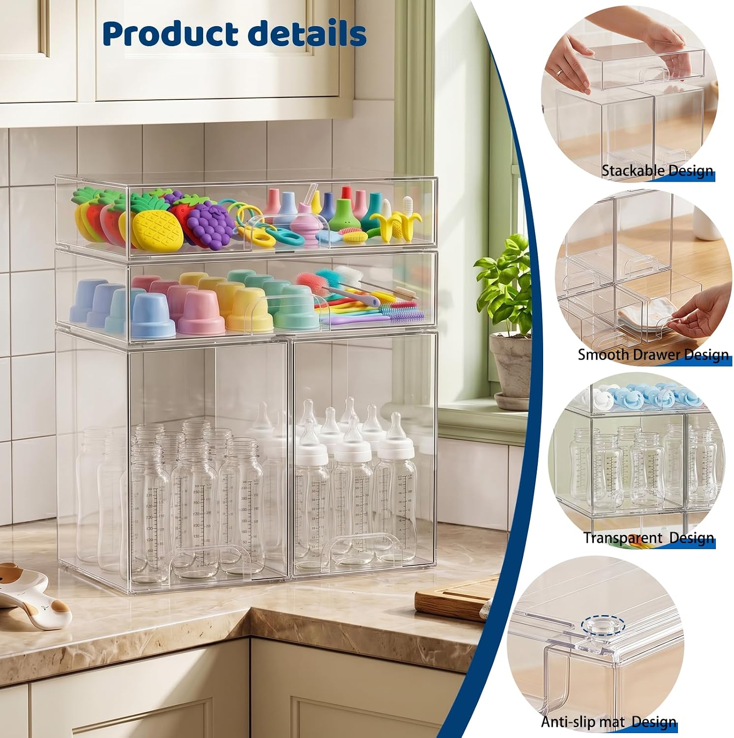 Baby Bottle Organizer Stackable, 4 Pack Clear Stackable Storage Drawers with 3 Stickers & 1 Pen, for Stationery, Cosmetics, Bathroom, Vanity, Countertop & Cabinet ((7.7’’ and 3.4’’Tall)