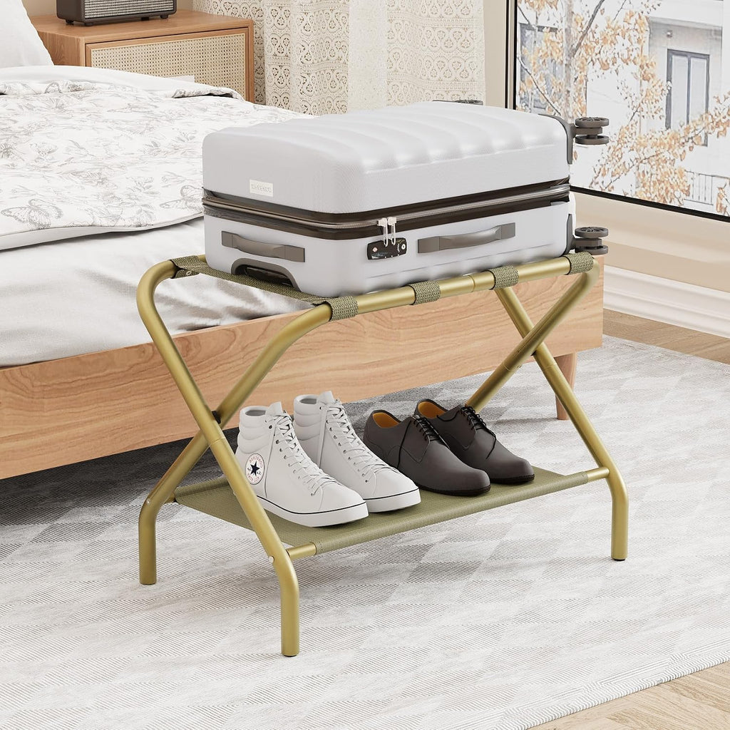 Smuxee Gold Luggage Rack, Foldable Suitcase Stand with Fabric Storage Shelf, Luggage Holder with 4 Nylon Straps for Guest Room Bedroom Hotel