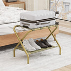 Smuxee Gold Luggage Rack, Foldable Suitcase Stand with Fabric Storage Shelf, Luggage Holder with 4 Nylon Straps for Guest Room Bedroom Hotel