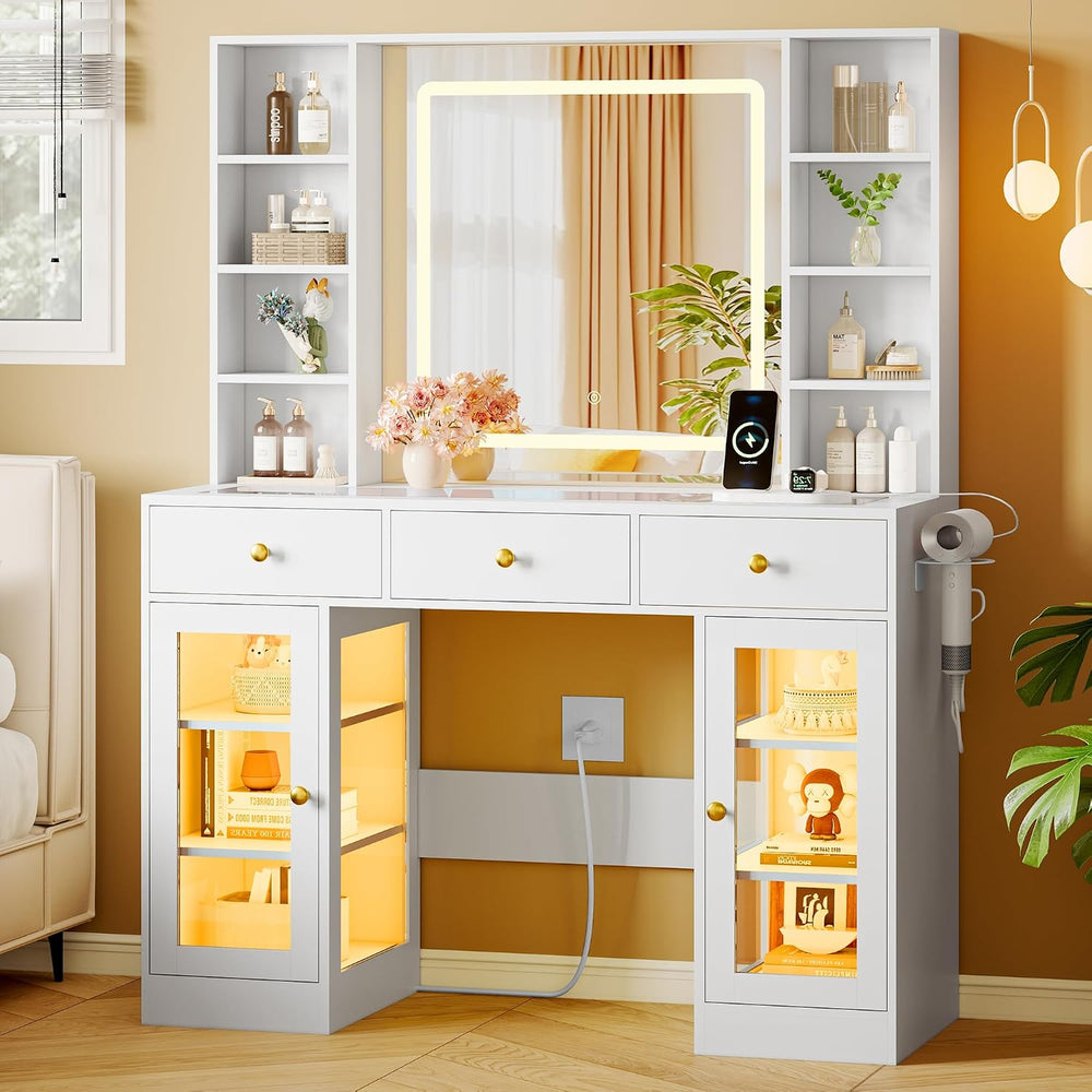 Xixini 43.4" Makeup Vanity Desk with LED Mirror, RGB Glass Cabinets, White