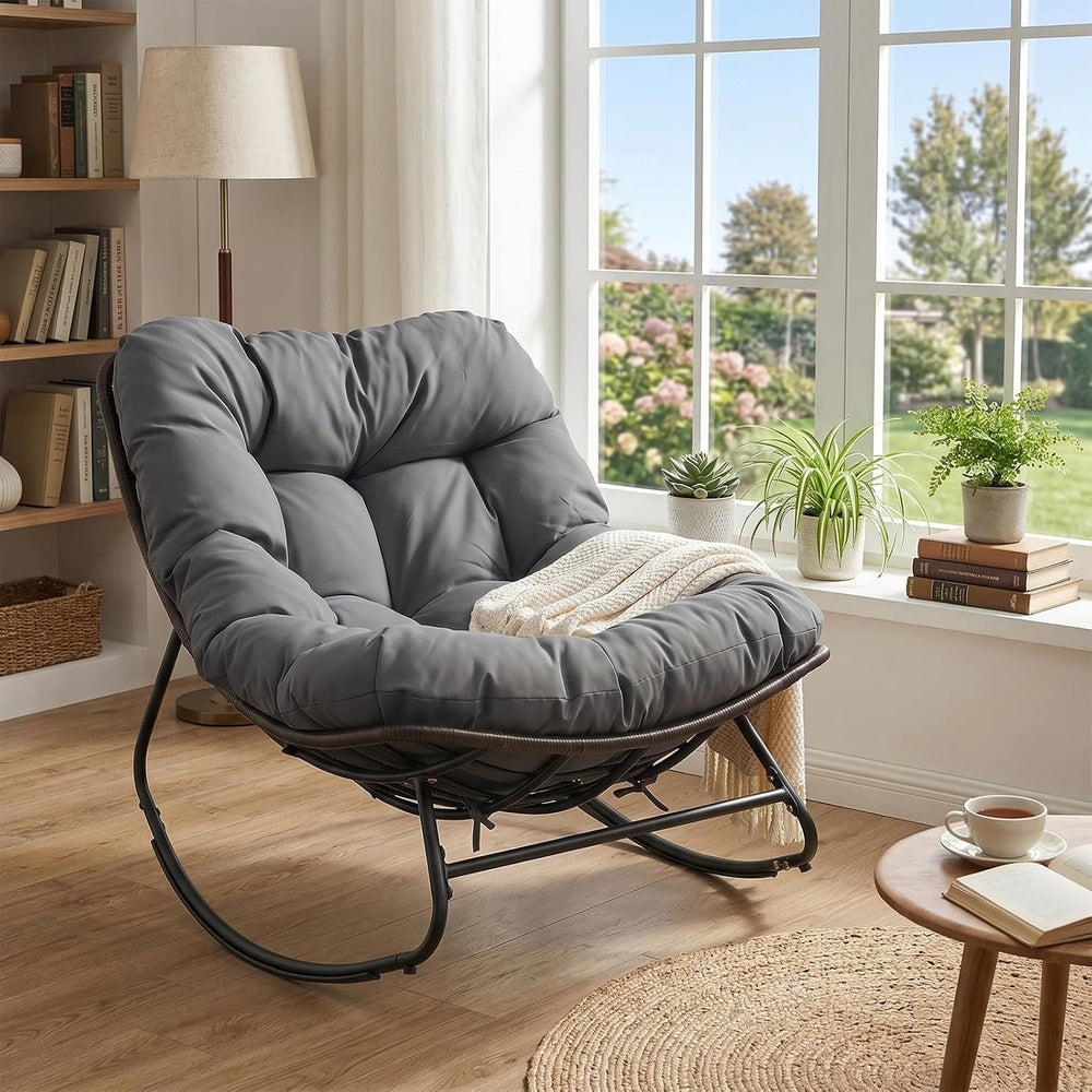 Tangkula Outdoor Papasan Rocking Chair, Oversized Egg-Shaped Rocker with Thic...