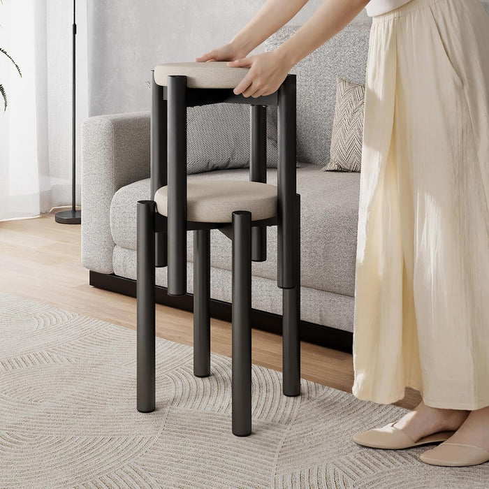 18 Inch Industrial Metal Stackable Stool Set of 2 with Soft Cushion, Short Backless Stackable Kitchen Stools Chair, Small Dining Table Chairs for Dining Room, Living Room, Bedroom, Black