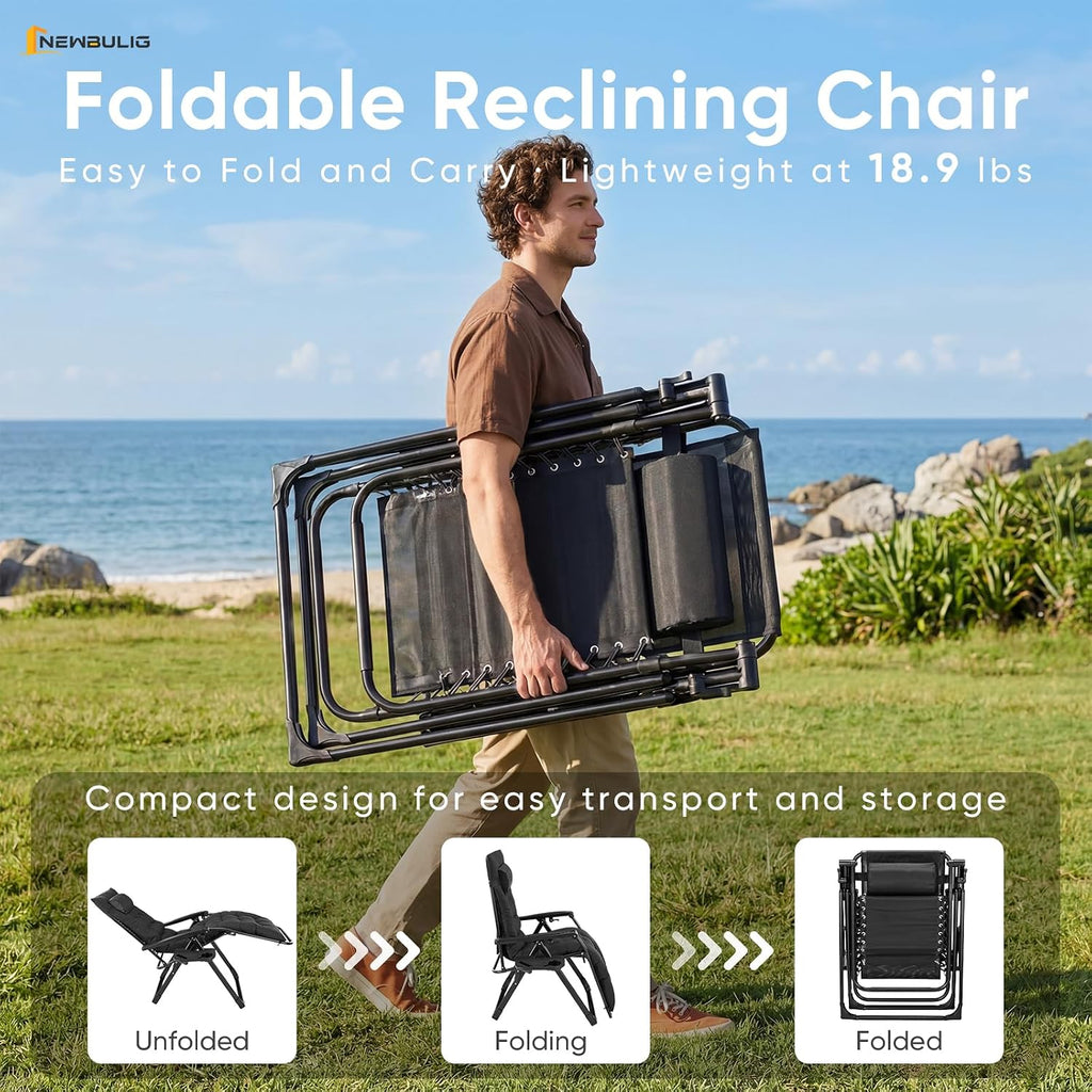 NEWBULIG Zero Gravity Chair, Folding Patio Recliner with Removable Cushion & Cup Holder Trays, Portable Lounge Chair for Beach & Camping, Classic Black
