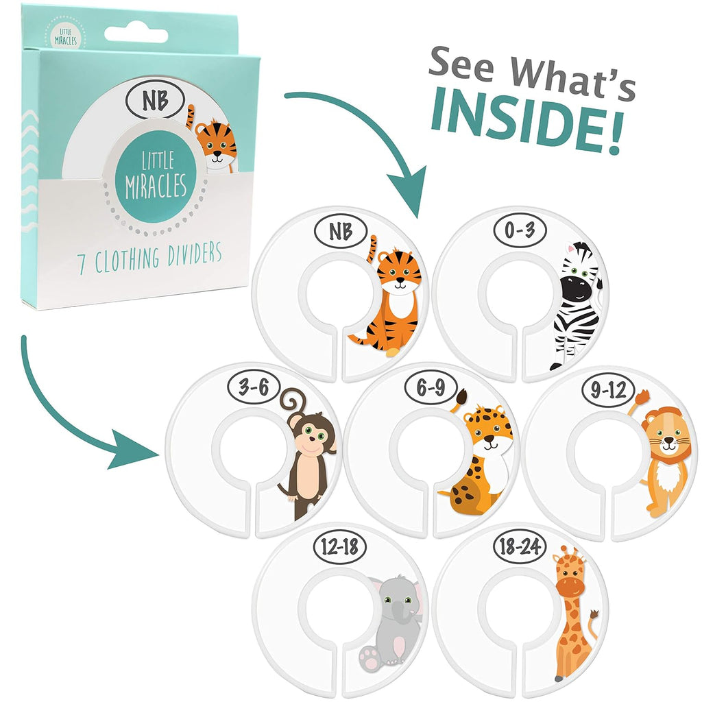 Baby Closet Size Dividers for Baby Clothes - 7X Dividers, Safari [White] | Elephant Giraffe Zebra Lion Monkey Cheetah, Nursery Closet Dividers for Baby Clothes, Nursery Decor, For Boy or Girl