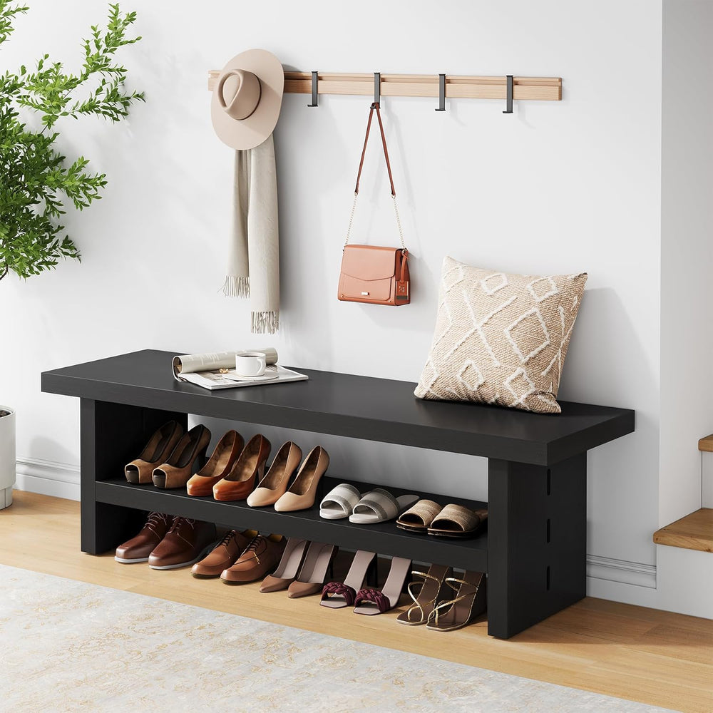 2 Tier Entryway Bench, 47.24" Shoe Bench, Rustic Shoe Rack, Wooden Stora...