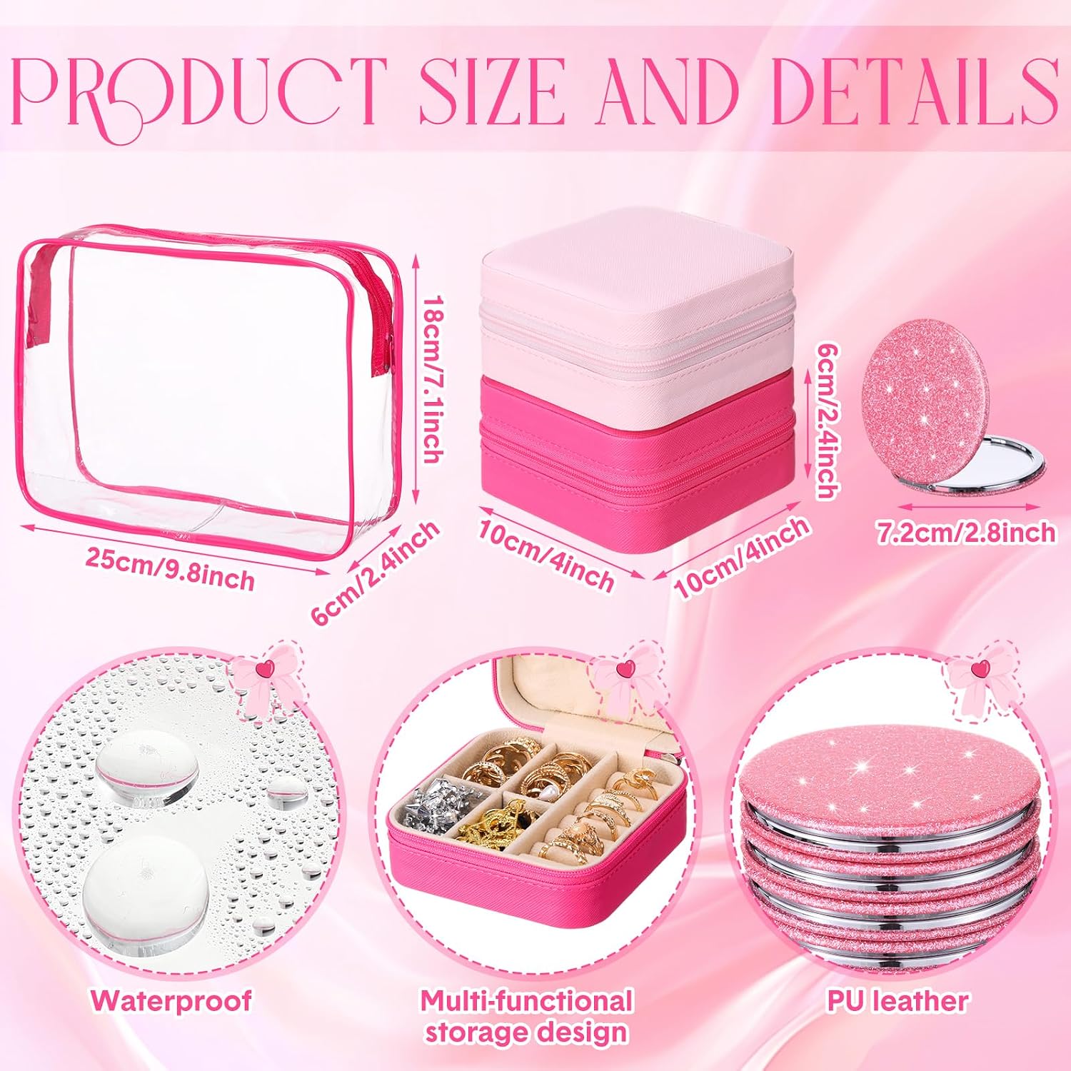 48 Pcs Sleepover Party Supplies Kit Bridesmaid Proposal Gifts Slumber Birthday Spa Party Favors Bow Headband Scrunchies Jewelry Case Makeup Bag Mirror for Gifts (Pink and Rose Red)