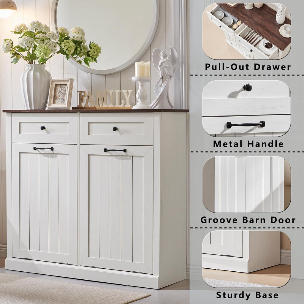 Double Tilt Out Trash Cabinet, 20 Gallon Farmhouse Laundry Hamper Cabinet with 2 Drawers, Hidden Wooden Trash Can Cabinets with Storage Basket for Kitchen, Living Room (Antique White)