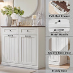 Double Tilt Out Trash Cabinet, 20 Gallon Farmhouse Laundry Hamper Cabinet with 2 Drawers, Hidden Wooden Trash Can Cabinets with Storage Basket for Kitchen, Living Room (Antique White)