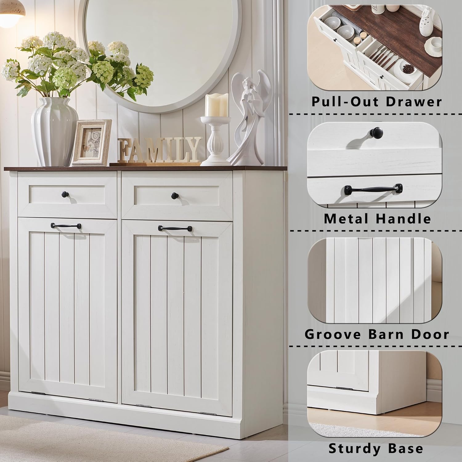 Double Tilt Out Trash Cabinet, 20 Gallon Farmhouse Laundry Hamper Cabinet with 2 Drawers, Hidden Wooden Trash Can Cabinets with Storage Basket for Kitchen, Living Room (Antique White)