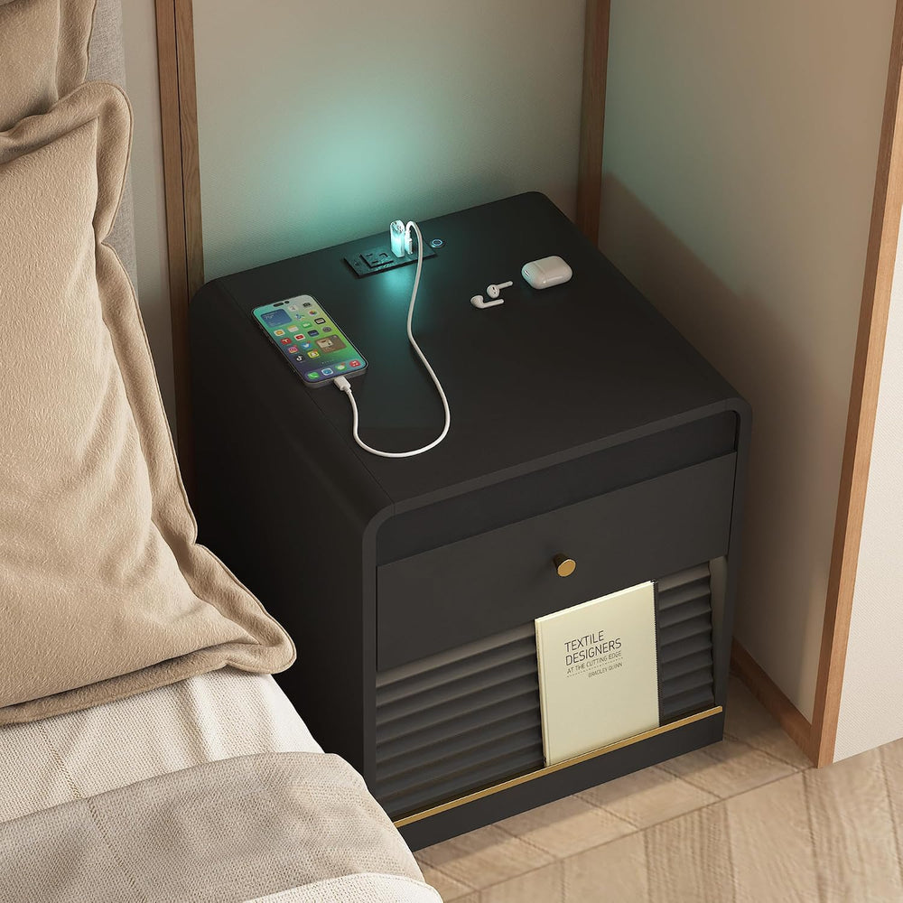 Nightstand with Charging Station, Smart Bedside Table with Voice-Controlled N...