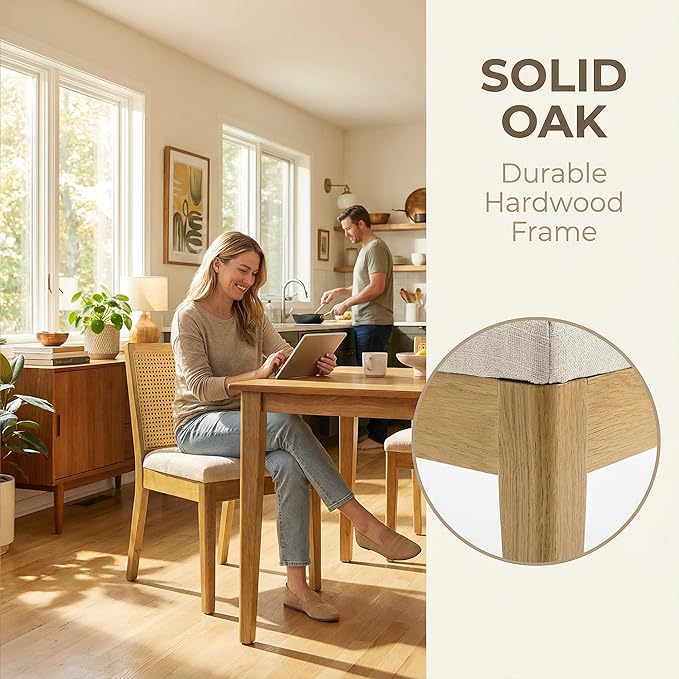 HNY Farmhouse Rattan Dining Chairs Set of 4, Mid Century Modern Kitchen & Dining Room Chairs, Cane Upholstered Kitchen Side Chair with Natural Hardwood Frame, Beige