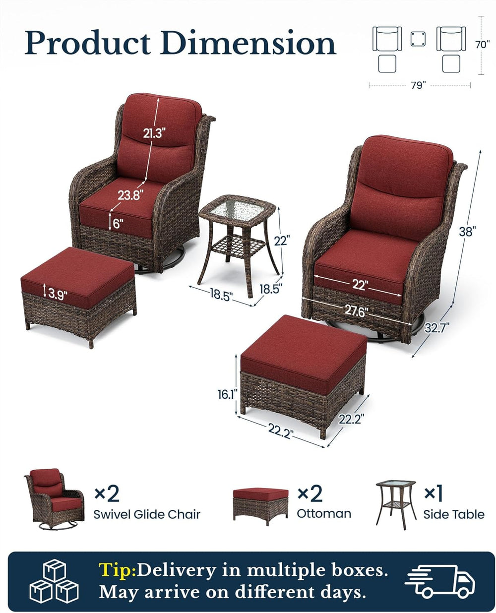 HILLGA Luxury 5 PCS Outdoor Swivel Rocker Patio Chairs of 2 with Side Table |...