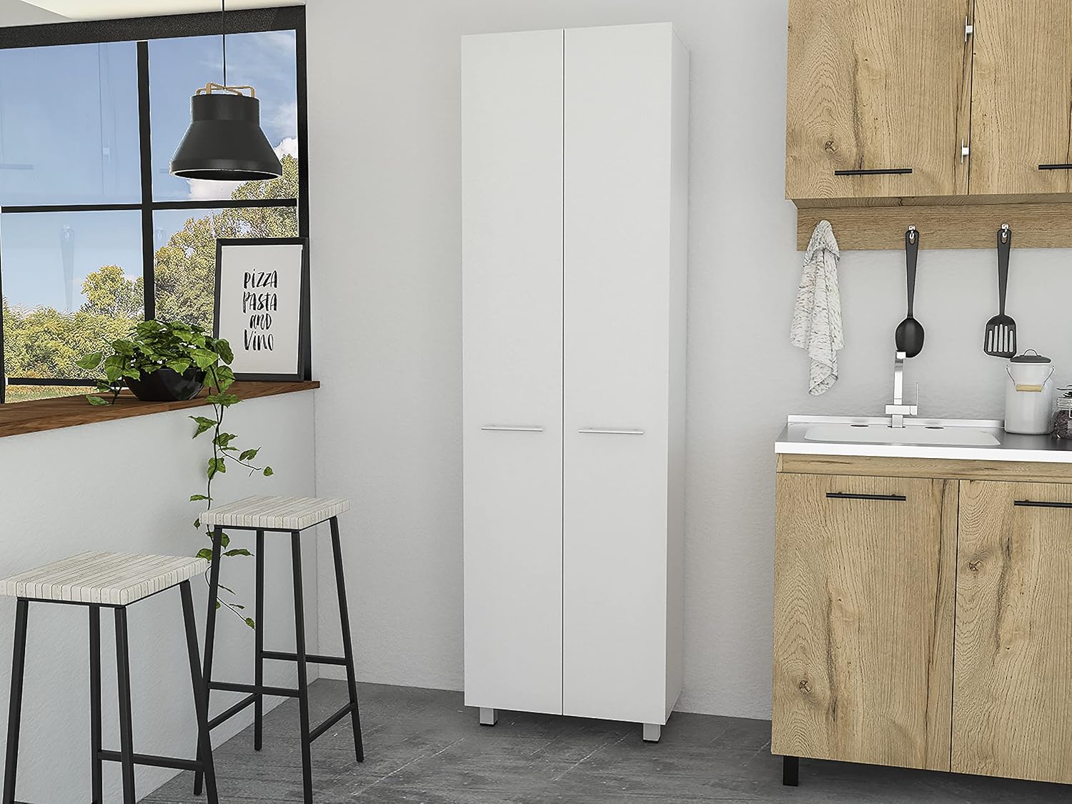 Pensacola Double Door Pantry Cabinet: 78" High Storage with 5 Shelves - White Modern Style Particle Board for Home Organization & Kitchen Storage
