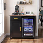 GDLF Coffee Bar Cabinet with Fridge Space, Mini Fridge Stand,Black | Compact Refrigerator Stand, Large Drawer & Cabinet, Black Finish with Warm Brown Top for Kitchen, Office, Dorm & Snack Bar