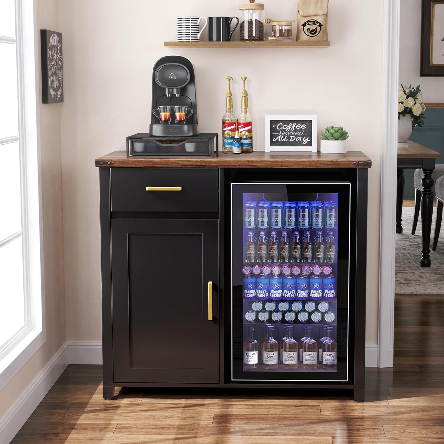 GDLF Coffee Bar Cabinet with Fridge Space, Mini Fridge Stand,Black | Compact Refrigerator Stand, Large Drawer & Cabinet, Black Finish with Warm Brown Top for Kitchen, Office, Dorm & Snack Bar