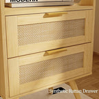 Rattan Nightstand with Charging Station,Farmhouse Bedside Table with 2 Storage Drawer and Open Wood Shelf, for Bedroom and Small Spaces,Night Stand with Solid Wood Legs (Yellow Oak-Outlet)