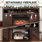 YESHOMY Fireplace TV Stand for Television up to 65+ Inch with Storage and Farmhouse Sliding Barn Doors, Entertainment Center with Cabinet and Shelves, Media Console for Living Room, Dark Brown