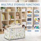 Wildflowers Butterfly Storage Baskets,Plants Botanical Foldable Large Capacity Organizer Bins with Waterproof Lining and Leather Handles for Closet,Shelf,Bedroom 17x11.5x10Inch