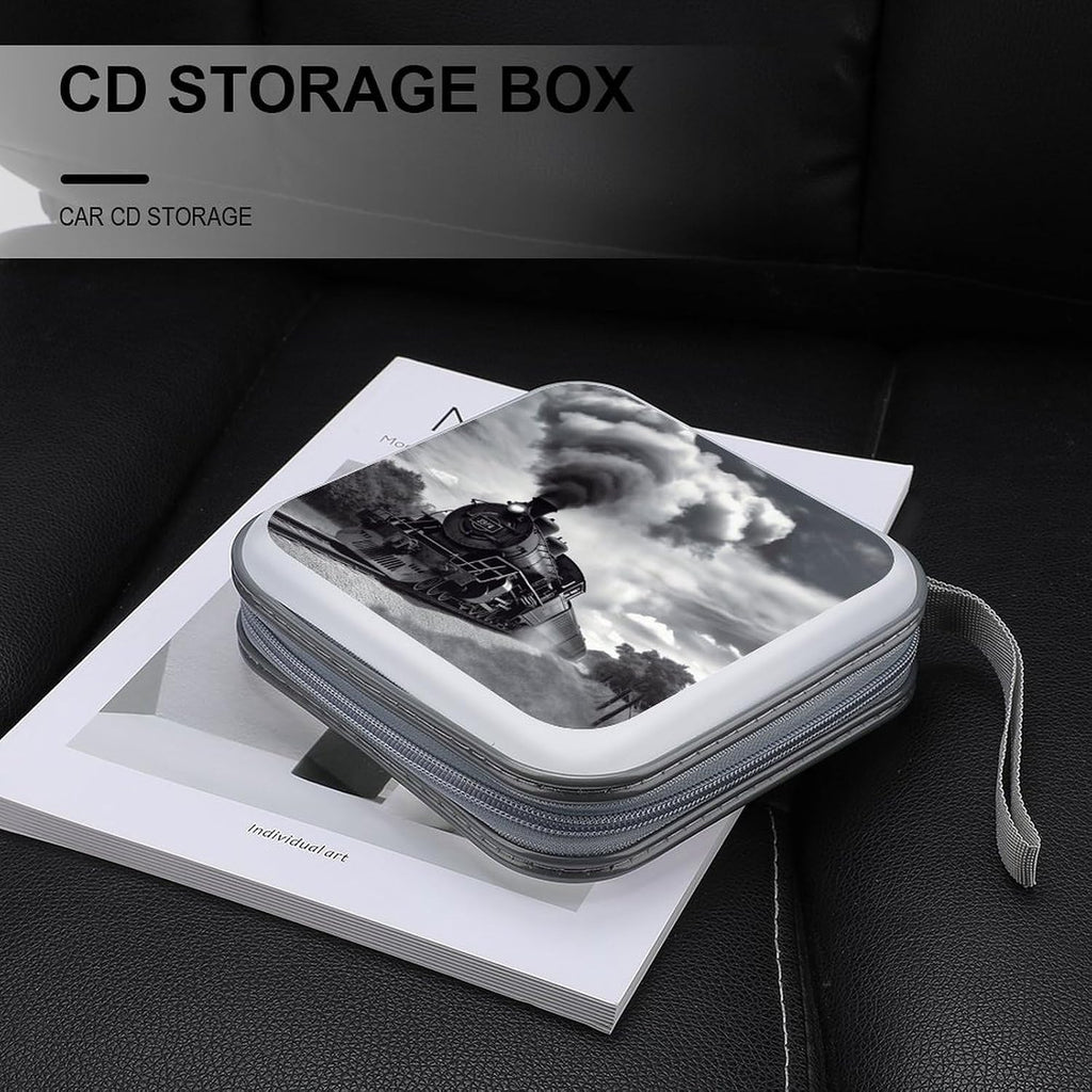 Steam Train Clouds CD Case with Zipper 40 Capacity DVD Case Holder Hard Plastic DVD Disc Storage Box Portable Disc Storage Organizer CD Wallet Bag Media Disc Wallet for Car Home