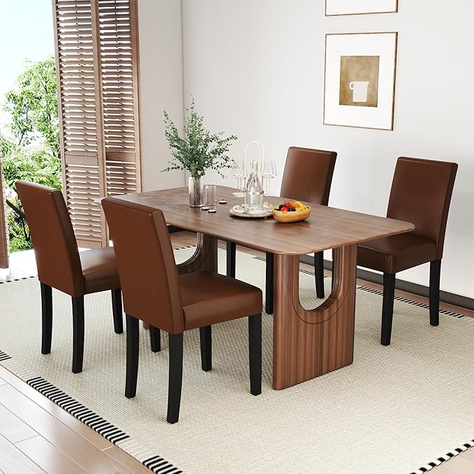 LSSPAID Dining Chairs Set of 2, Modern Stylish PU Leather Upholstered Parson Chair, Dining Room Chairs with Solid Wood Legs for Kitchen Living Room, Brown