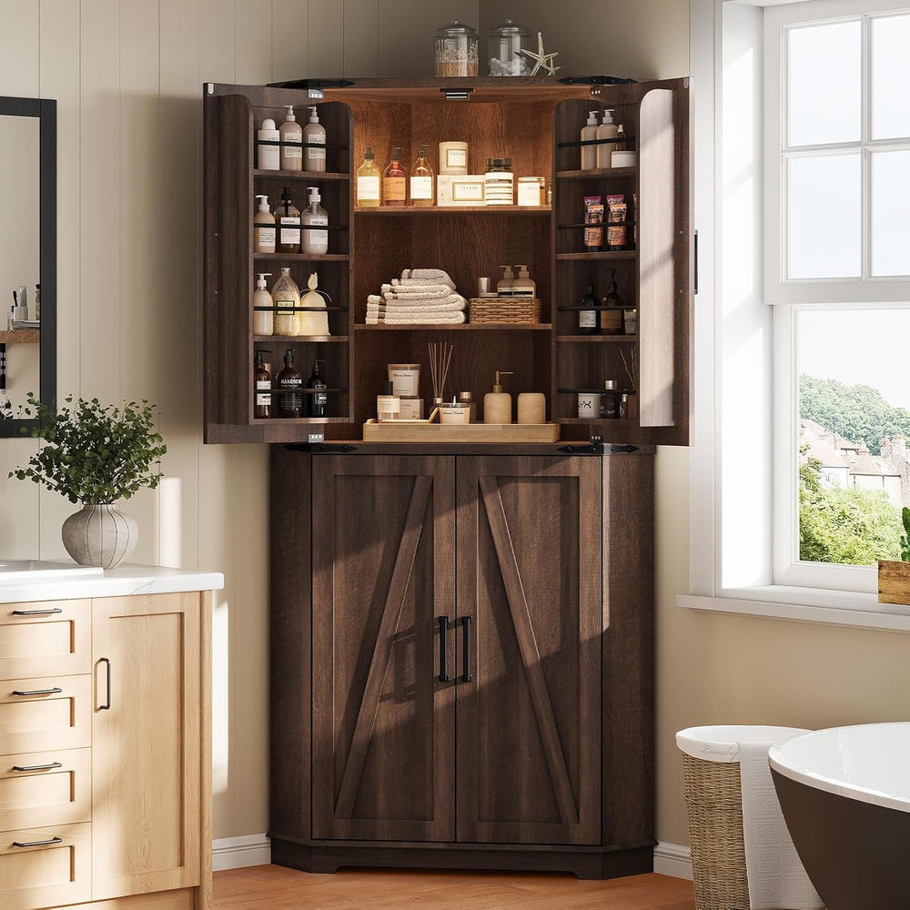 Dripex 71" Corner Cabinet Brown, Farmhouse Kitchen Pantry Cabinet with D...