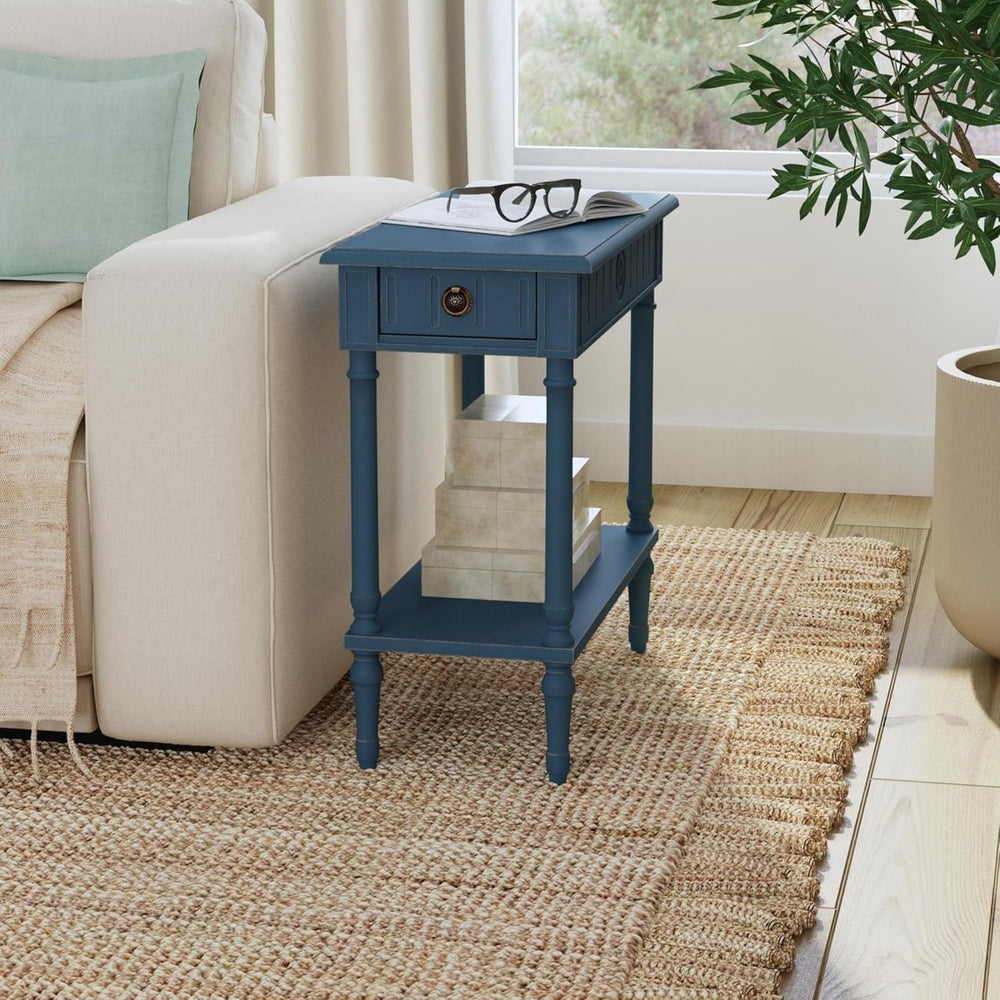 East at Main Handmade Solid Wood Narrow End Table with Drawer, Slim Blue Side...