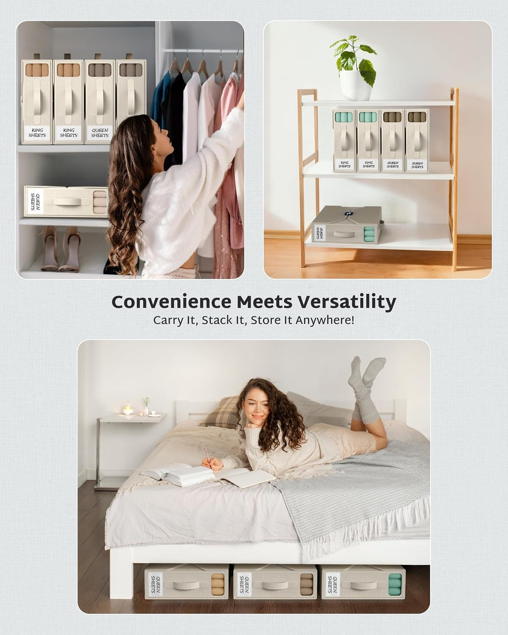6 Pack Bed Sheet Organizers - Foldable Bedsheet Organizers and Storage, Sheet Organizers for Linen Closet, Sturdy Sheet Holder with Window, Labels & Handles for King/Queen Bed, Towels & Blankets