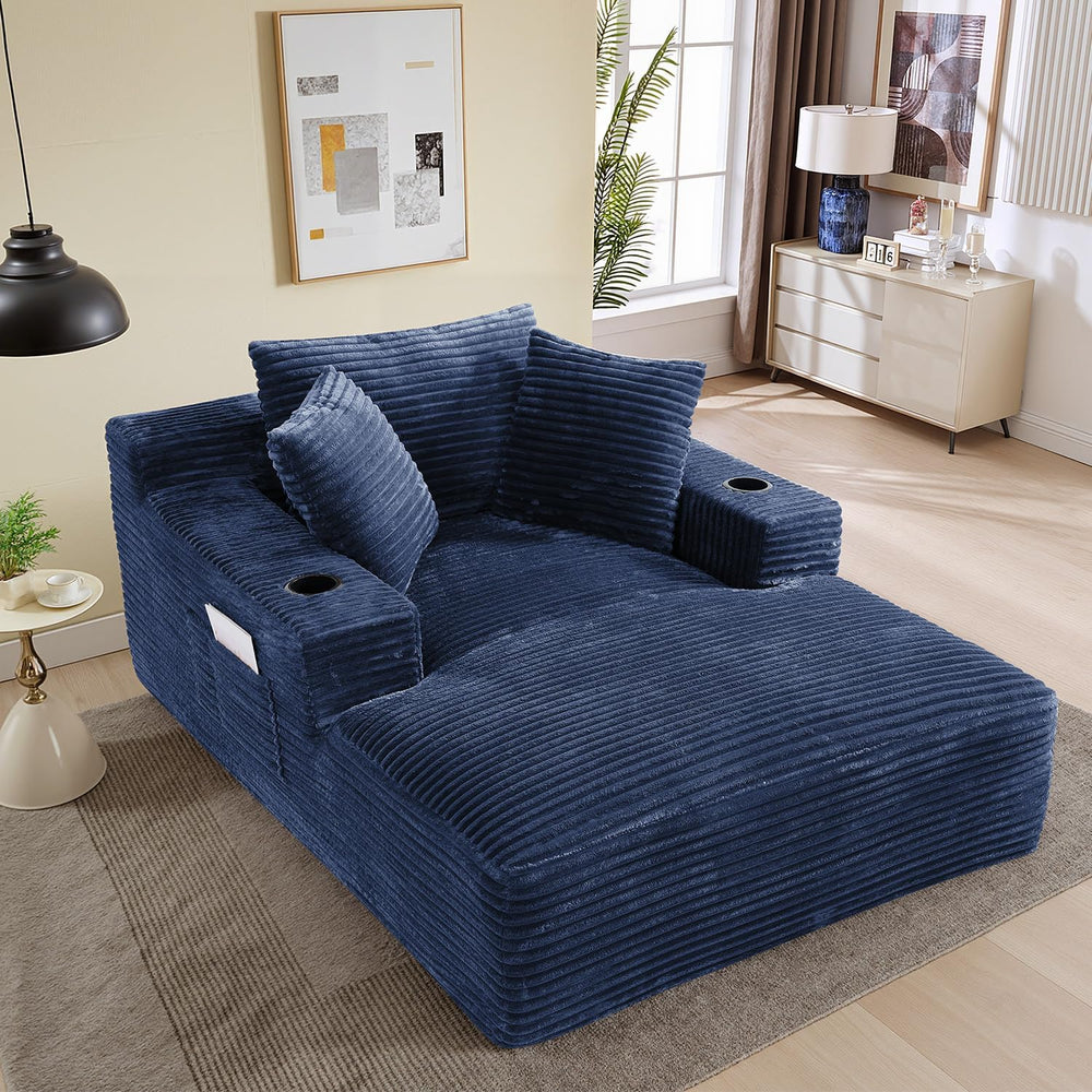 50" x 68" Corduroy Chaise Lounge, Cup Holders, Blue | Oversized cor...