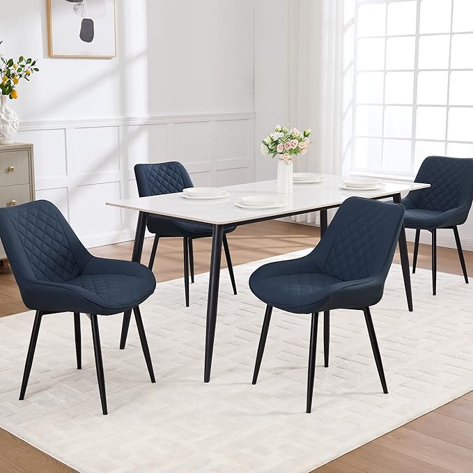 Dining Chair Set of 8, Modern Dining Chairs with Thick Cushions, Faux Leather Upholstered Kitchen Dining Room Chairs with Metal Adjustable Legs for Dining Living Room, Blue