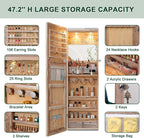 HNEBC LED Mirror Jewelry Cabinet,47.2" Wall Mounted Jewelry Organizer with Full-Length Mirror,Over The Door Hanging Jewelry Armoire Storage Cabinet,Folding Dresser,2 Drawers,Lockable, 3 Shelves(Wood)