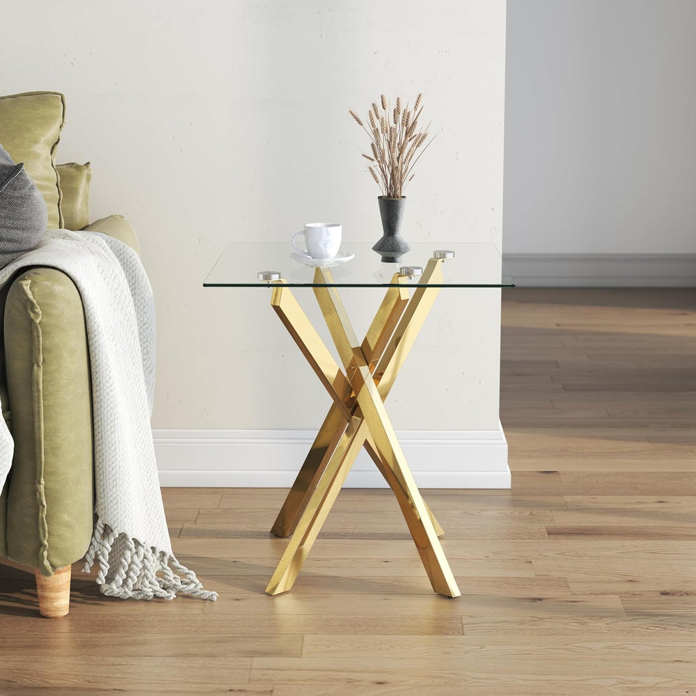 Small Side Table with Chromed Legs, Tempered Glass Square Modern End Table So...