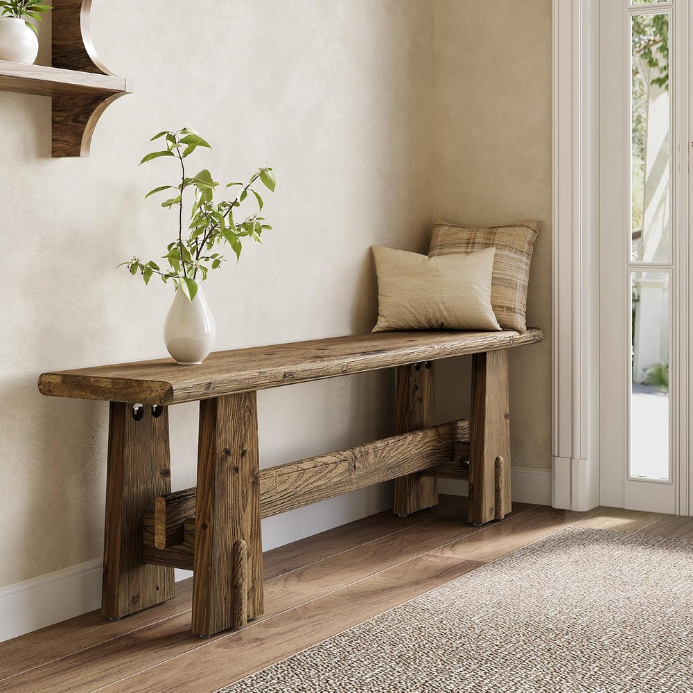 LITTLE TREE 59" Solid Wood Bench, Farmhouse Entryway Bench, Long Retro B...