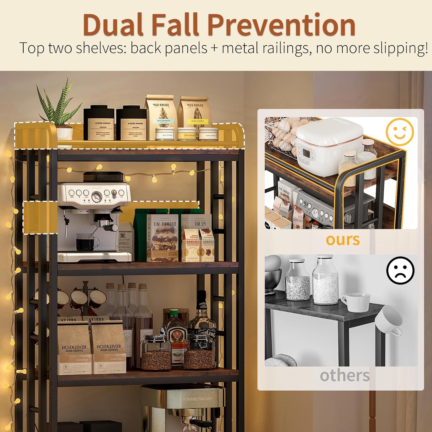 METYERRY Adjustable 4-Tier Heavy Duty Kitchen Baker's Rack with Power Outlet, with Industrial Wheels, Free Standing Microwave Oven Cart Stand for Storage in Living Room, Garage, Rustic Brown